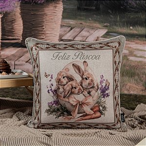 Capa para Almofada de Páscoa Premium - Feliz Páscoa Coelhos Saindo do Ovo com Cardone Cru - Verde - 43x43cm - 1 unidade
