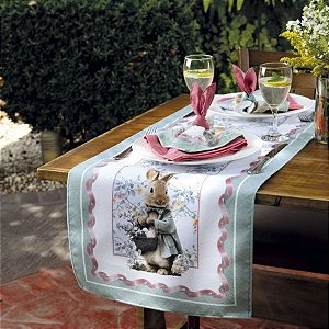 Caminho de Mesa de Páscoa - Coelho com Cesta de Ovos - Tiffany e Rosa - 42x141cm - 1 unidade - Rizzo