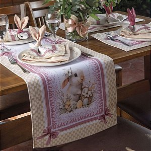 Caminho de Mesa de Páscoa - Coelho com Cesta de Ovos - Rosa e Bege - 42x141cm - 1 unidade - Rizzo
