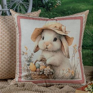 Capa para Almofada de Páscoa Premium - Coelhinho Chapéu e Cesta de Ovos - Tons Pastéis - 43x43cm - 1 unidade - Rizzo