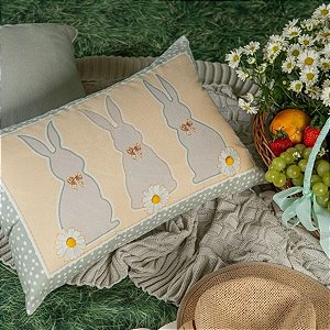 Capa para Almofada de Páscoa Premium - Coelhos com Aplique de Pompom - Amarelo e Verde - 35x55cm - 1 unidade - Rizzo