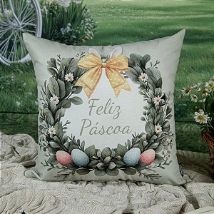 Capa para Almofada de Páscoa Premium - Guirlanda de Folhas Feliz Páscoa - Verde Pastel - 43x43cm - 1 unidade - Rizzo