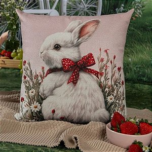 Capa para Almofada de Páscoa Premium - Coelho Branco Laço - Vermelho - 43x43cm - 1 unidade - Rizzo