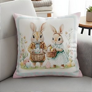 Capa para Almofada Páscoa - Casal de Coelhos com Ovos  - 43x43cm - 1 unidade - Rizzo