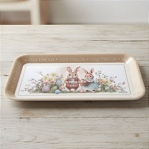 Bandeja de Pásoca em Melamina - Casal de Coelhos com Cesta de Ovos - 30x16,5x2cm - 1 unidade - Rizzo