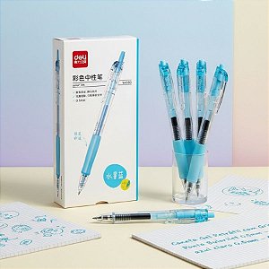 Caneta Gel Retrátil com Grip Colorido - Ponta Bullet 0.5mm Azul Claro - Caixa - 12 unidades - Deli - Rizzo