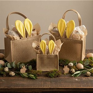 Cesta de Juta de Páscoa com Orelha Amarelo Claro Poá Branco - 1 unidade - EcoArt - Rizzo