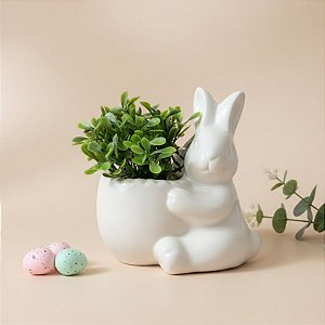 Vaso Decorativo Páscoa de Porcelana - Coelho com Planta Artificial - Branco - 10,5x10cm - 1 unidade - Rizzo