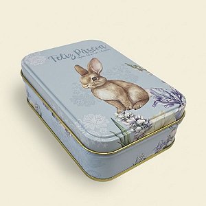 Lata de Metal Retangular de Páscoa - Coelho Flores - Azul - 12,2x8,5x4,5cm - 1 unidade - Rizzo