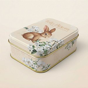 Lata de Metal Retangular de Páscoa - Coelho Flores - Creme - 12,2x8,5x4,5cm - 1 unidade - Rizzo