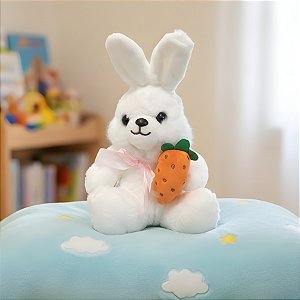 Coelho de Pelúcia com Laço e Cenoura - Branco - 13x20x12cm - 1 unidade - Rizzo