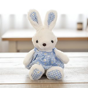 Coelho de Pelúcia Branco - Vestido Xadrez Azul - 12x39x11cm - 1 unidade - Rizzo - Rizzo