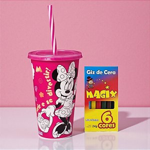 Kit Copo com Canudo e Giz - Minnie Rosa - 1 unidade - Rizzo