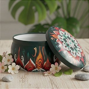 Lata De Metal Estampa De Mandala - Verde Escuro e Vermelho - 7x7x4cm - 130ml - 1 unidade - Rizzo