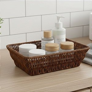 Cesto Organizador Rattan Fibra Sintética - Marrom - 26x20x8cm - 1 unidade - Rizzo