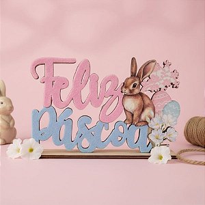 Display de Mesa em MDF de Páscoa - Coelho Flores "Feliz Páscoa" - Rosa e Azul - 18x12cm - 1 unidade - Rizzo