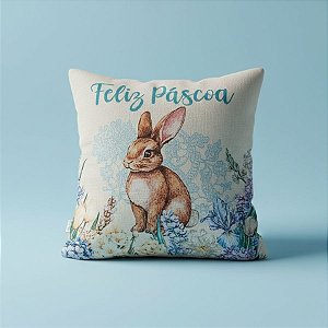 Capa para Almofada Páscoa - Coelho Bordado "Feliz Páscoa" - Azul - 43x43cm  - 1 unidade - Rizzo