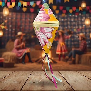Balão Decorativo Pequeno Festa Junina - Amarelo com Flores - 12x28x12cm - 1 unidade - Rizzo