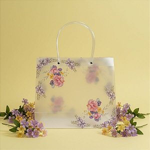 Sacola de Plástico Transparente Fosca - Floral - Roxo e Amarelo - 30x12x26cm - 1 unidade - Rizzo