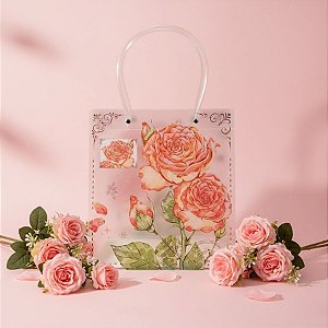 Sacola de Plástico Transparente Fosca - Floral - Rosas - 22x10x24cm - 1 unidade - Rizzo