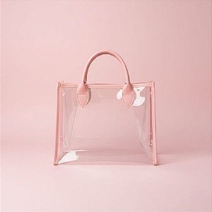 Sacola Transparente PVC com Alça de Couro Rosa - 28x14x23cm - 1 unidade - Rizzo