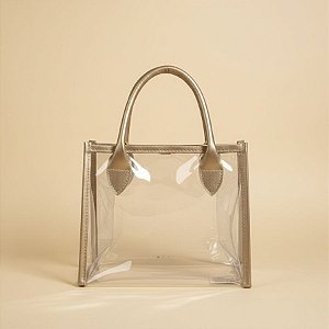 Sacola Transparente PVC com Alça de Couro Dourado - 22x11x19cm - 1 unidade - Rizzo