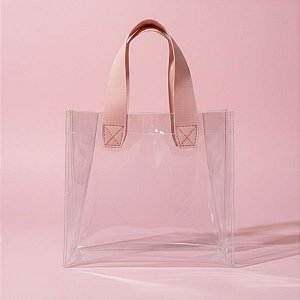 Sacola Transparente PVC com Alça de Couro Rosa - 25x14x23cm - 1 unidade - Rizzo