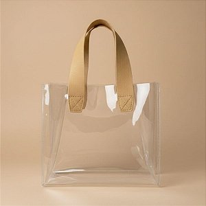 Sacola Transparente PVC com Alça de Couro Bege Escuro - 25x14x23cm - 1 unidade - Rizzo