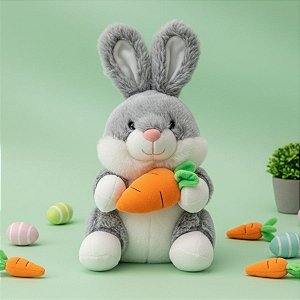 Coelho de Pelúcia Cinza - Segurando Cenoura - 30cm - 1 unidade - Rizzo