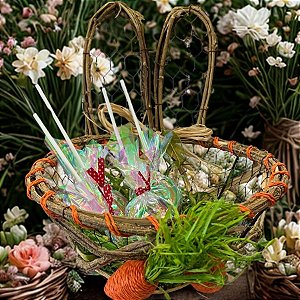 Cesta Decorativa de Páscoa - Orelha e Cenoura - Verde e Laranja - 20cm - 1 unidade - Rizzo