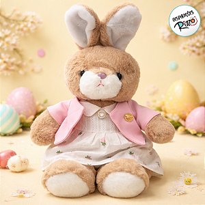 Coelho de Pelúcia Bege de Vestido - Branco e Rosa - 39cm - 1 unidade - Rizzo