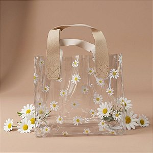 Sacola Transparente PVC com Alça de Couro Bege - Margarida - 18x20x10cm - 1 unidade - Rizzo