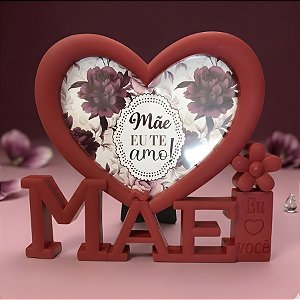 Porta Retrato Mãe com Moldura de Coração - Vermelho Escuro - Mãe Eu Te Amo - 10x15cm - 1 unidade - Rizzo