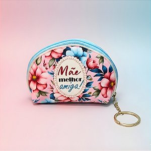 Chaveiro Bolsinha Porta Moedas - Rosa e Azul Claro - Mãe Melhor Amiga - 11x7x3cm - 1 unidade - Rizzo