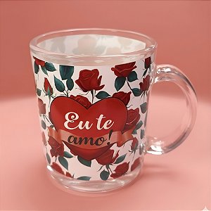 Caneca de Vidro Transparente - Vermelho e Branco - Eu Te Amo - 320ml - 1 unidade - Rizzo