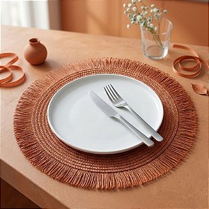 Sousplat Trançado com Franja 39cm - Laranja - Estilo Palha - 1 unidade - Rizzo
