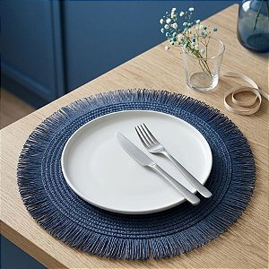 Sousplat Trançado com Franja 39cm - Azul - Estilo Palha - 1 unidade - Rizzo