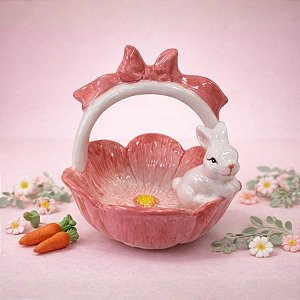 Enfeite Decorativo de Páscoa em Cerâmica - Cesta em Formato de Flor Rosa com Coelho - 16x15cm - 1 unidade - FlorArte - R