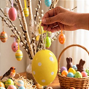 Enfeite Decorativo Para Pendurar - Ovo de Páscoa - Amarelo - 16cm - 1 unidade - FlorArte - Rizzo