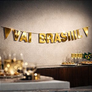 Faixa Decorativa - "Vai Brasil" Ouro Metalizado - Copa do Mundo - 122x17,5cm - 1 unidade - Regina - Rizzo
