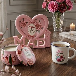 Kit Presenteável Porta Retrato Mãe com Moldura de Coração, Caneca de Porcelana e Vela Aromática - Mãe Amor Eterno - 1 un