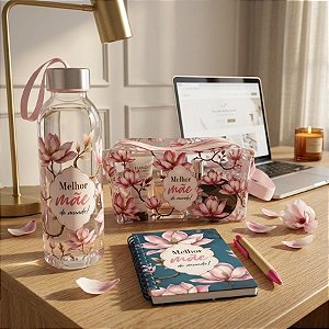 Kit Presenteável Bloco de Anotações com Caneta, Garrafa com Alça e Nécessaire - Melhor Mãe do Mundo - 1 unidade - Rizzo
