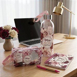 Kit Presenteável Bloco de Anotações com Caneta, Garrafa com Alça e Nécessaire - Mãe Eu Te Amo - 1 unidade - Rizzo