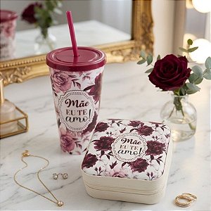 Kit Presenteável Copo com Canudo e Tampa e Mini Porta Joias Portátil - Mãe Eu Te Amo - 1 unidade - Rizzo
