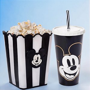 Kit Cinema - Balde de Pipoca e Copo com Canudo - Mickey Preto e Dourado - Disney Original - 1 unidade - Plasútil - Rizzo