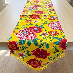 Trilho de Mesa Chita Amarelo - Flor Vermelha e Rosa - 39x130cm - 1 unidade - Rizzo