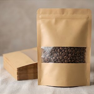 Saco de Papel Kraft com Visor Stand Up Pouch Zip 20x30x5cm - Hermético - 50 unidades - Rizzo