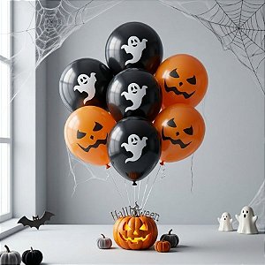 Balão de Festa Látex 12" Halloween - Abóboras e Fantasmas - Laranja e Preto - 6 unidades - Partiufesta - Rizzo
