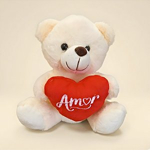 Urso de Pelúcia com Coração Amor - Branco - 17x21x12cm - 1 unidade - Rizzo