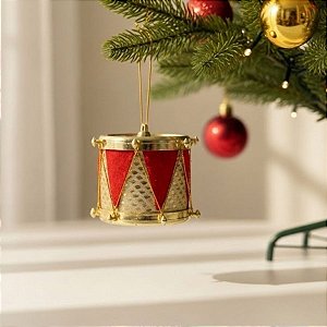 Enfeite Para Pendurar De Natal - Tambor Vermelho e Dourado Com Estampa - 5cm - 3 unidades - Rizzo